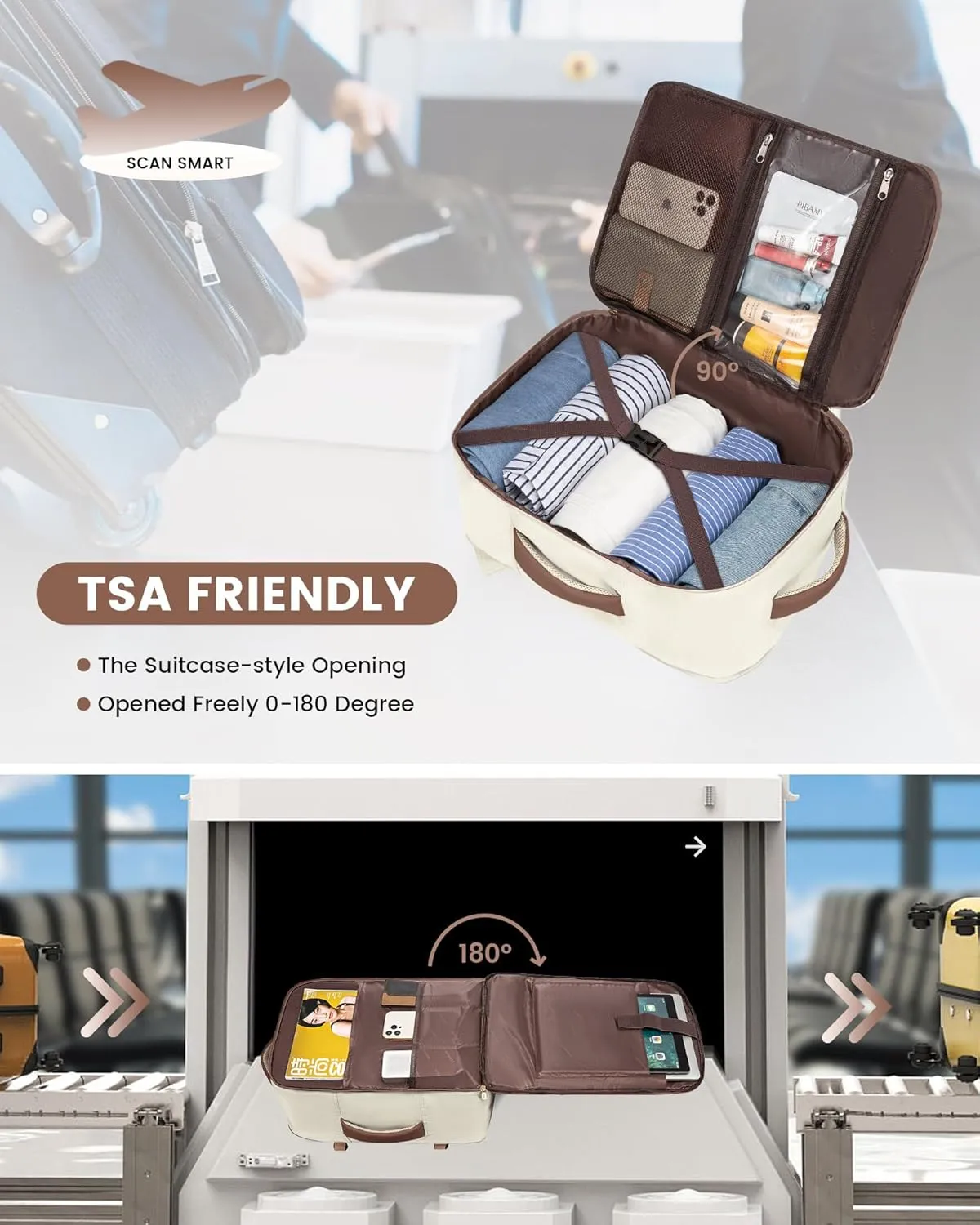 LOVEVOOK Carry On Backpack, 40L Travel Backpack Women with 3 Packing Cubes, TSA Airline Approved Suitcase Bag as Personal Item, Waterproof 17 inch Laptop Backpack for Weekender Overnight, Beige Brown