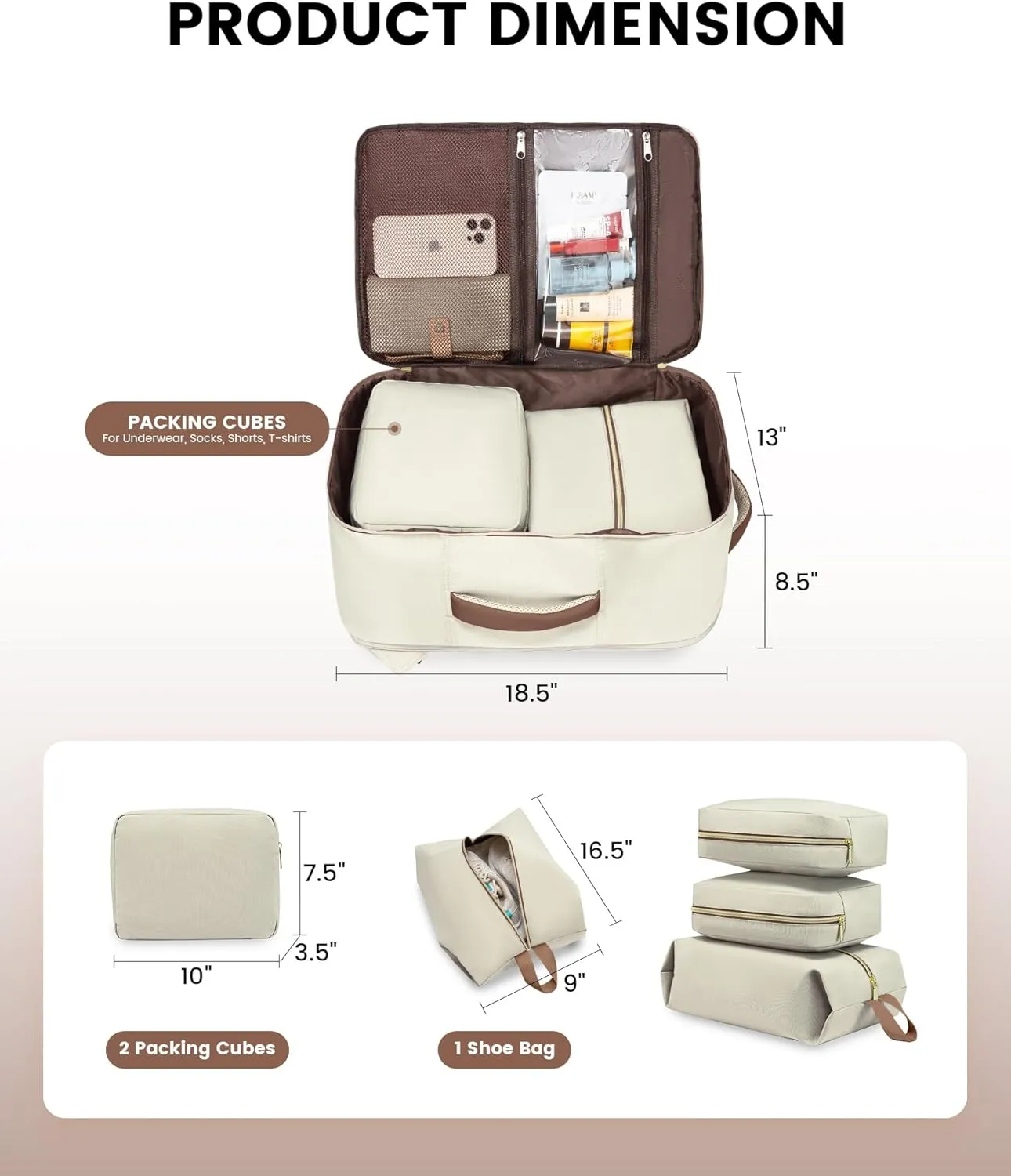 LOVEVOOK Carry On Backpack, 40L Travel Backpack Women with 3 Packing Cubes, TSA Airline Approved Suitcase Bag as Personal Item, Waterproof 17 inch Laptop Backpack for Weekender Overnight, Beige Brown
