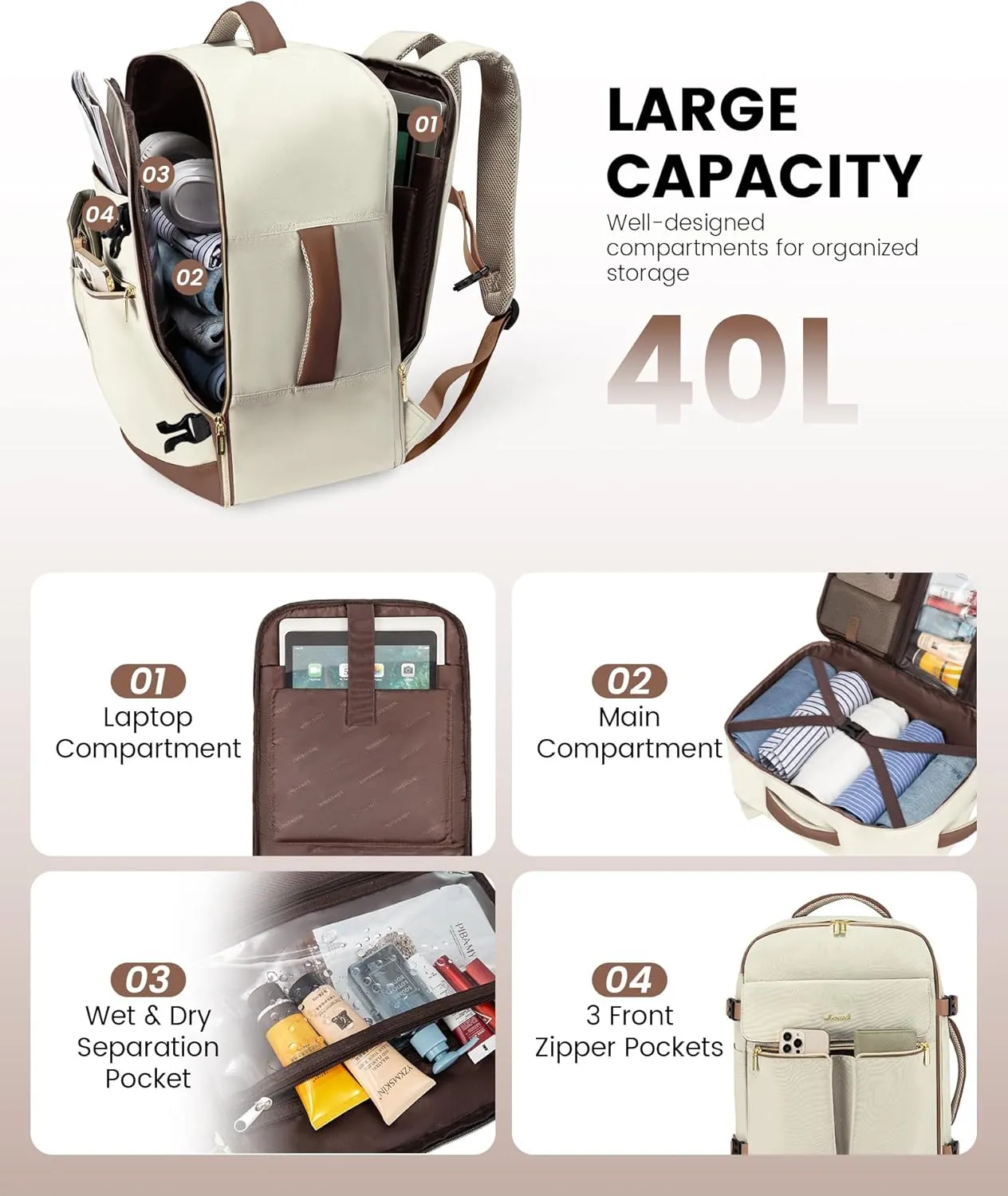 LOVEVOOK Carry On Backpack, 40L Travel Backpack Women with 3 Packing Cubes, TSA Airline Approved Suitcase Bag as Personal Item, Waterproof 17 inch Laptop Backpack for Weekender Overnight, Beige Brown