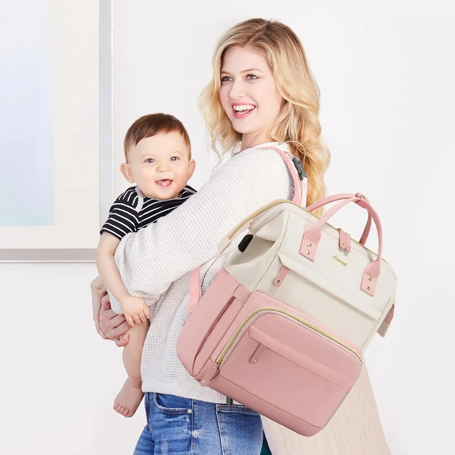 LOVEVOOK Diaper Bag Backpack, Baby Bag with Changing Station, Large Diaper Backpack for Moms Dads, Waterproof Leather Accents Baby Boy and Girl Bag for Travel Baby Essentials, Pink-Beige