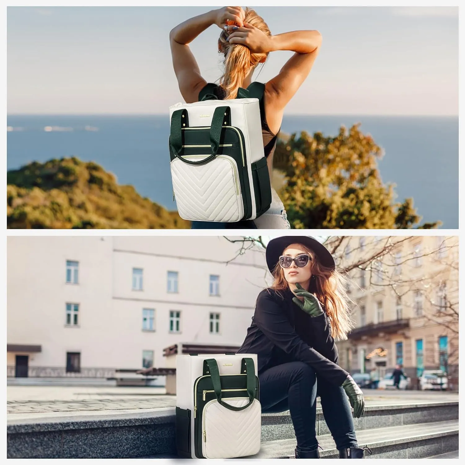 LOVEVOOK Laptop Backpack for Women, 15.6 Inch Work Business Travel Backpack, Fation Teacher Doctor Nurse Backpack Purse, Waterproof Cute Backpack,DarkGreen-Beige