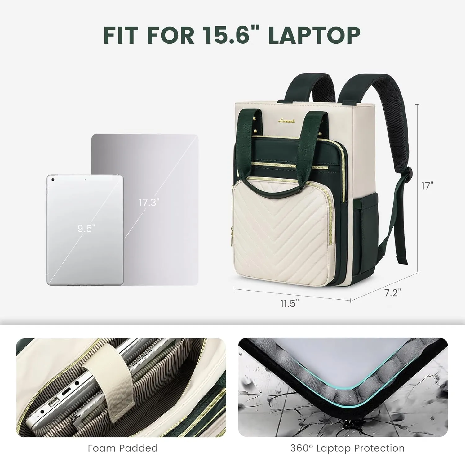 LOVEVOOK Laptop Backpack for Women, 15.6 Inch Work Business Travel Backpack, Fation Teacher Doctor Nurse Backpack Purse, Waterproof Cute Backpack,DarkGreen-Beige