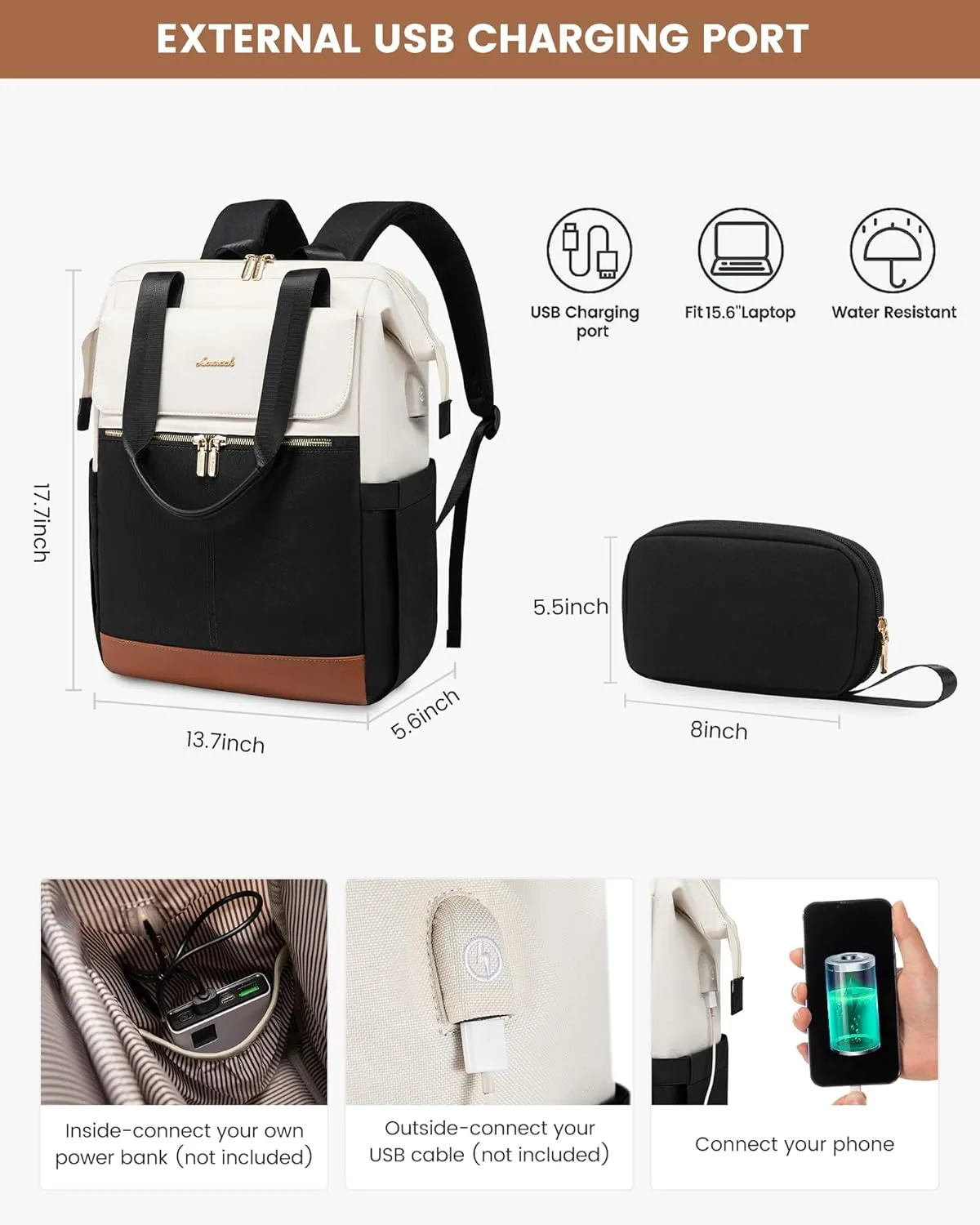 LOVEVOOK Laptop Backpack for Women, 15.6 Inch Work Laptop Bag with USB Port, Fashion Teacher Nurse Backpack Purse, Waterproof Travel Computer Backpack with Organizer Bag, 2PCS, Beige-Black