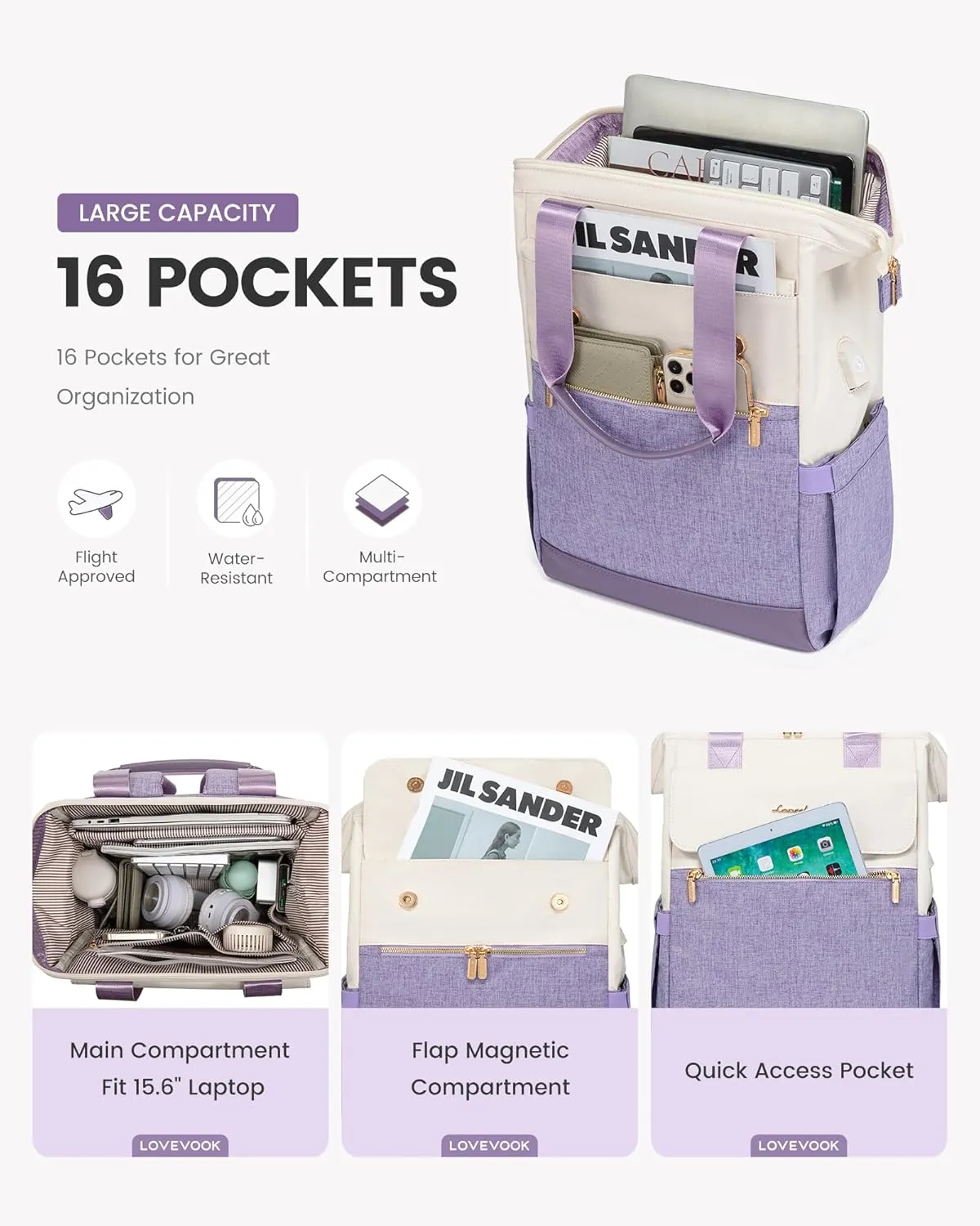 LOVEVOOK Laptop Backpack for Women, 15.6 Inch Work Laptop Bag with USB Port, Fashion Teacher Nurse Backpack Purse, Waterproof Travel Computer Backpack with Organizer Bag, 2PCS, Beige-Light Purple