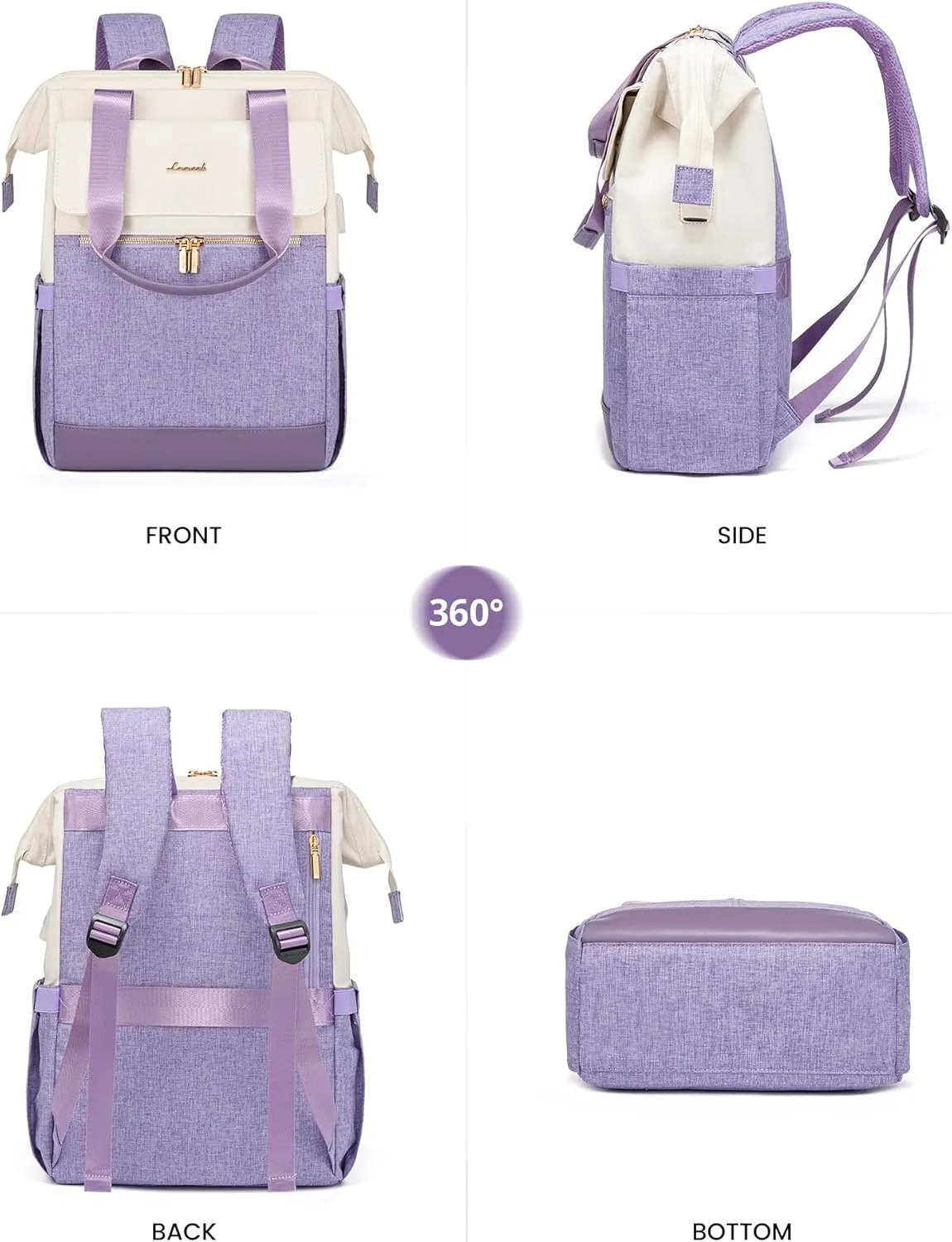 LOVEVOOK Laptop Backpack for Women, 15.6 Inch Work Laptop Bag with USB Port, Fashion Teacher Nurse Backpack Purse, Waterproof Travel Computer Backpack with Organizer Bag, 2PCS, Beige-Light Purple