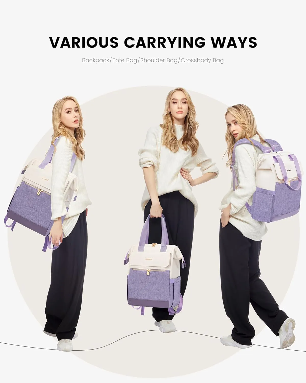 LOVEVOOK Laptop Backpack for Women, 15.6 Inch Work Laptop Bag with USB Port, Fashion Teacher Nurse Backpack Purse, Waterproof Travel Computer Backpack with Organizer Bag, 2PCS, Beige-Light Purple