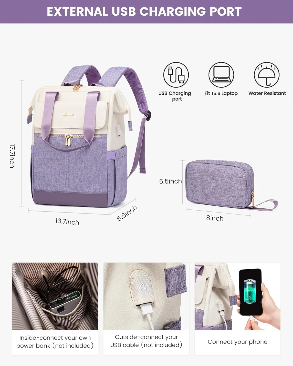 LOVEVOOK Laptop Backpack for Women, 15.6 Inch Work Laptop Bag with USB Port, Fashion Teacher Nurse Backpack Purse, Waterproof Travel Computer Backpack with Organizer Bag, 2PCS, Beige-Light Purple