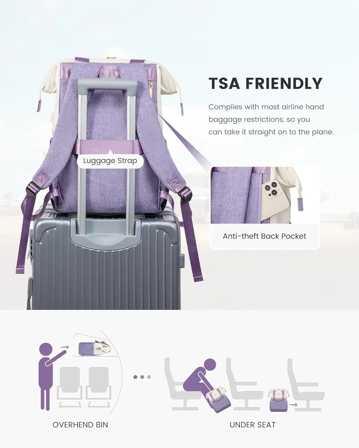 LOVEVOOK Laptop Backpack for Women, 15.6 Inch Work Laptop Bag with USB Port, Fashion Teacher Nurse Backpack Purse, Waterproof Travel Computer Backpack with Organizer Bag, 2PCS, Beige-Light Purple