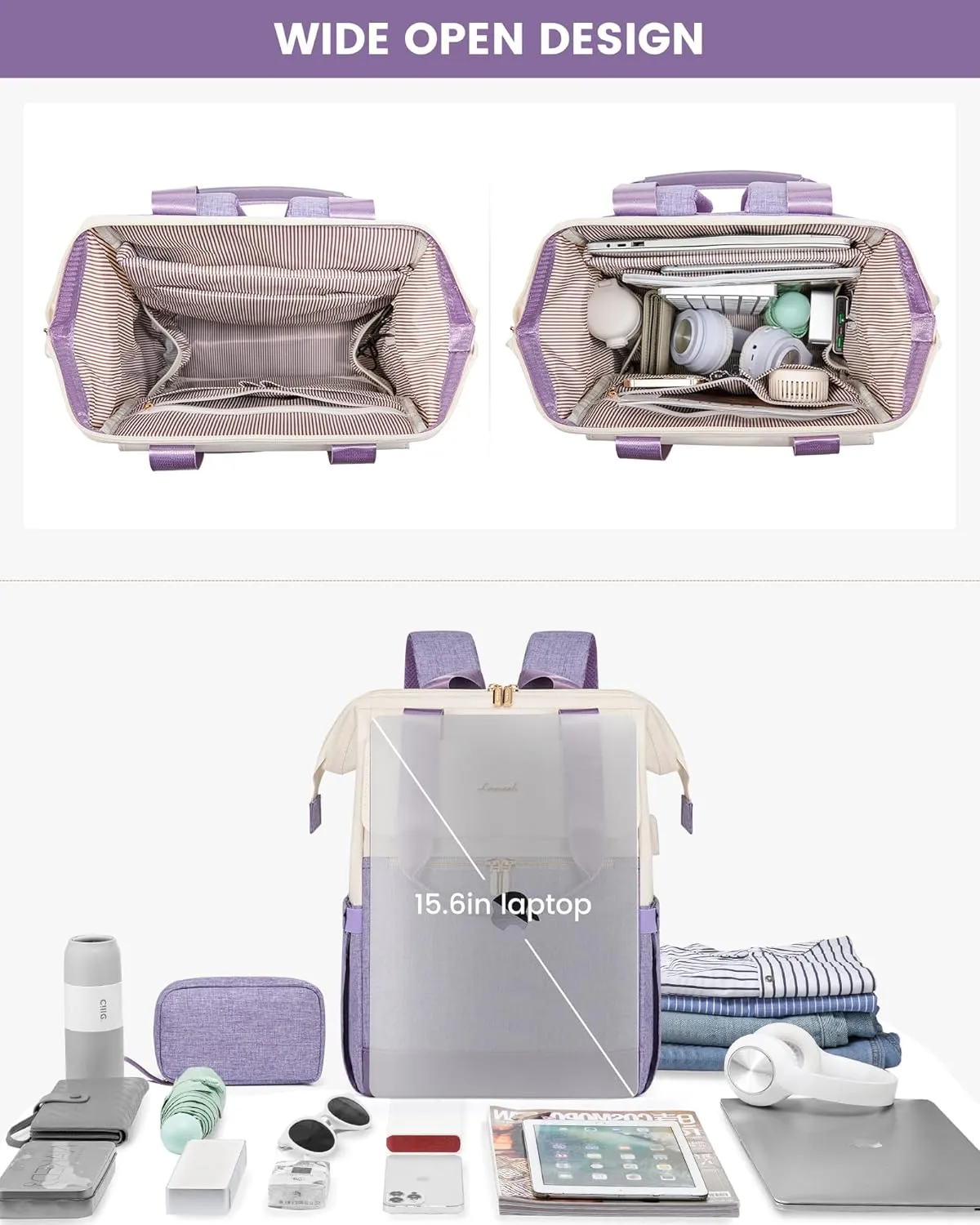 LOVEVOOK Laptop Backpack for Women, 15.6 Inch Work Laptop Bag with USB Port, Fashion Teacher Nurse Backpack Purse, Waterproof Travel Computer Backpack with Organizer Bag, 2PCS, Beige-Light Purple