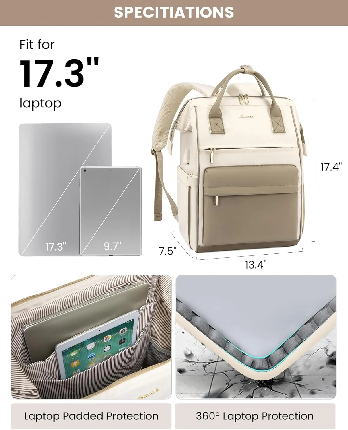 LOVEVOOK Laptop Backpack for Women, 17 Inch Work Teacher Nurse Bag, Large Capacity Business Computer Backpack Purse with USB Port, Stylish Casual Daypack for Travel,Beige&Khaki