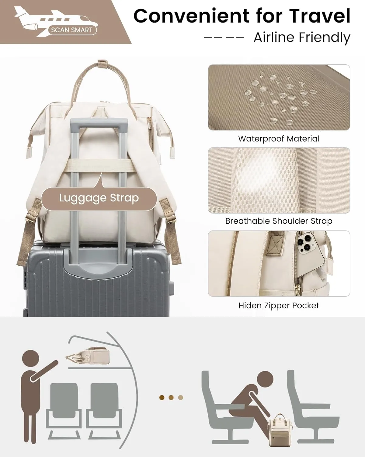 LOVEVOOK Laptop Backpack for Women, 17 Inch Work Teacher Nurse Bag, Large Capacity Business Computer Backpack Purse with USB Port, Stylish Casual Daypack for Travel,Beige&Khaki