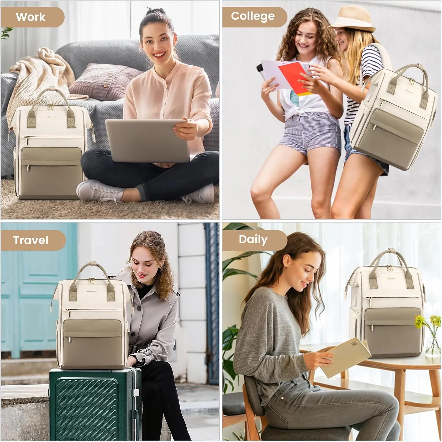 LOVEVOOK Laptop Backpack for Women, 17 Inch Work Teacher Nurse Bag, Large Capacity Business Computer Backpack Purse with USB Port, Stylish Casual Daypack for Travel,Beige&Khaki