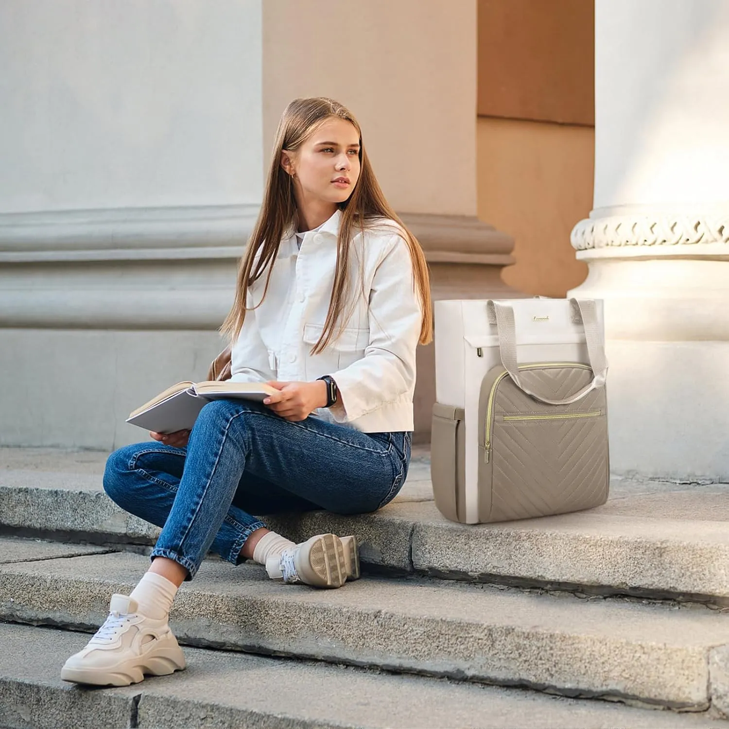 LOVEVOOK Laptop Backpack for Women, 17.3 Inch Work Business Laptop Bag, Wide Top Open Teacher Nurse Bag with USB Port, Waterproof Computer Backpack Purse for travel, Khaki-Beige
