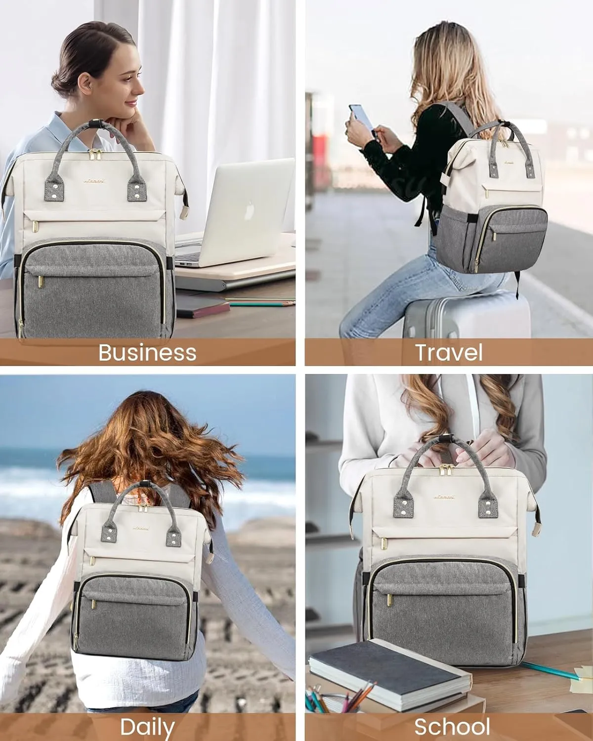 LOVEVOOK Laptop Backpack for Women, Fashion Computer Backpacks Purse, School Student Bookbag for Girl, Business Travel Bags, Doctor Nurse Backpack for Work, Fits 15.6-Inch Laptop, Beige Grey