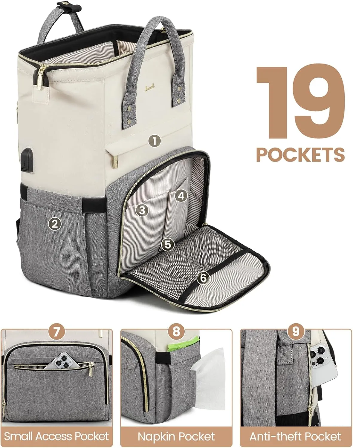 LOVEVOOK Laptop Backpack for Women, Fashion Computer Backpacks Purse, School Student Bookbag for Girl, Business Travel Bags, Doctor Nurse Backpack for Work, Fits 15.6-Inch Laptop, Beige Grey