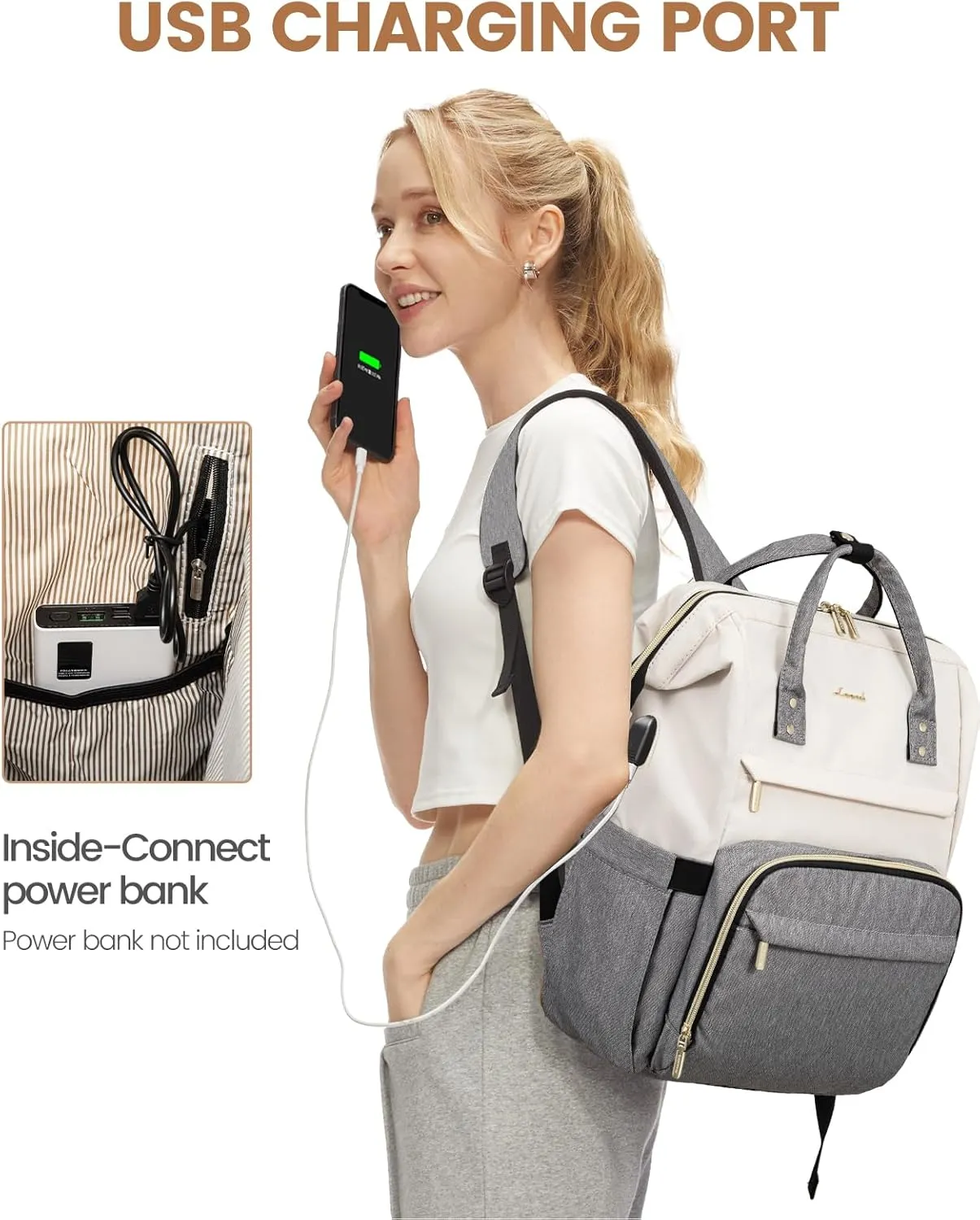 LOVEVOOK Laptop Backpack for Women, Fashion Computer Backpacks Purse, School Student Bookbag for Girl, Business Travel Bags, Doctor Nurse Backpack for Work, Fits 15.6-Inch Laptop, Beige Grey
