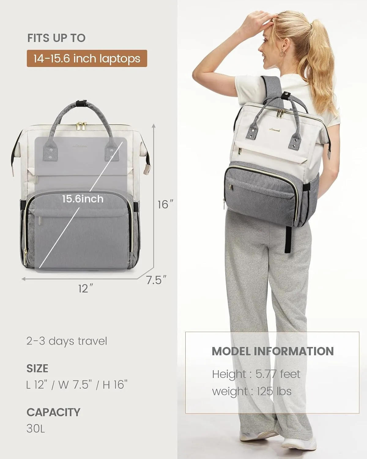 LOVEVOOK Laptop Backpack for Women, Fashion Computer Backpacks Purse, School Student Bookbag for Girl, Business Travel Bags, Doctor Nurse Backpack for Work, Fits 15.6-Inch Laptop, Beige Grey