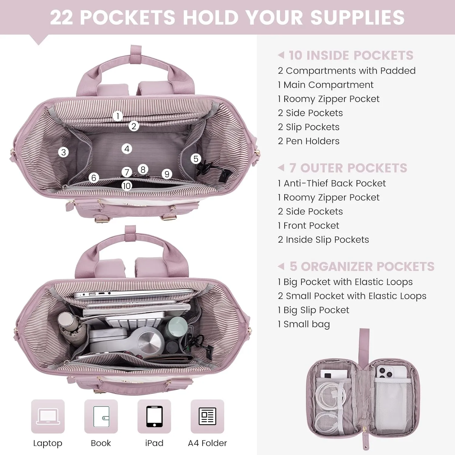 LOVEVOOK Laptop Backpack for Women, Teacher Nurse Bag Work Travel Computer Backpacks Purse,Water Resistant Daypack with USB Charging Port,Purple Beige 15.6in