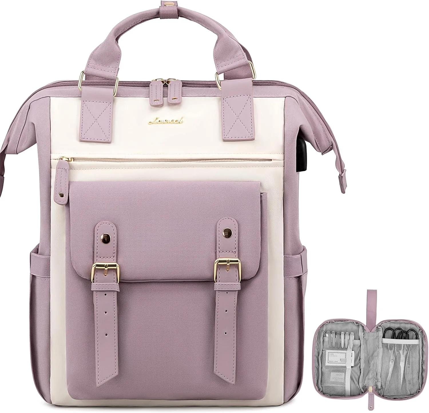 LOVEVOOK Laptop Backpack for Women, Teacher Nurse Bag Work Travel Computer Backpacks Purse,Water Resistant Daypack with USB Charging Port,Purple Beige 15.6in