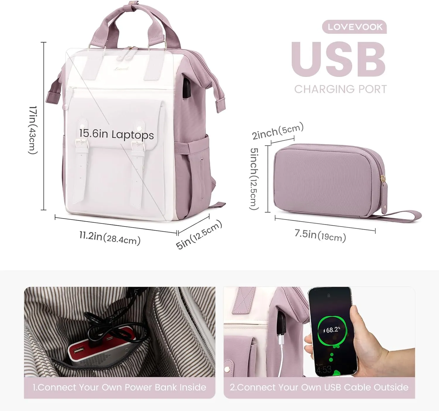 LOVEVOOK Laptop Backpack for Women, Teacher Nurse Bag Work Travel Computer Backpacks Purse,Water Resistant Daypack with USB Charging Port,Purple Beige 15.6in