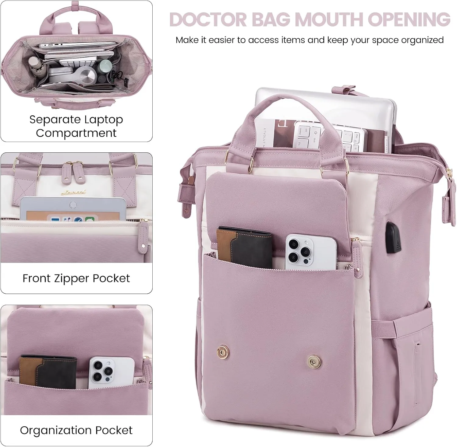 LOVEVOOK Laptop Backpack for Women, Teacher Nurse Bag Work Travel Computer Backpacks Purse,Water Resistant Daypack with USB Charging Port,Purple Beige 15.6in