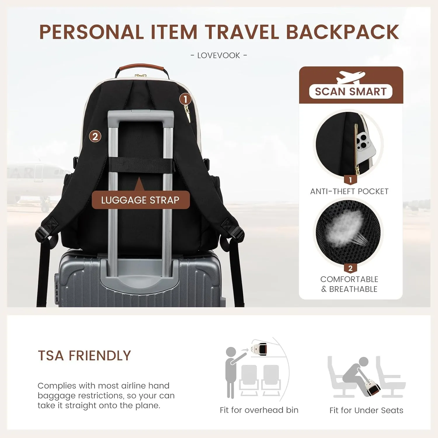 LOVEVOOK Laptop Backpack for Women with Pouch Pocket for Large Capacity Cup,18 Inch Laptop Computer Bag Travel Backpack Purse,Waterproof Work Business Backpack College Teacher Bags,Beige-Black-Brown