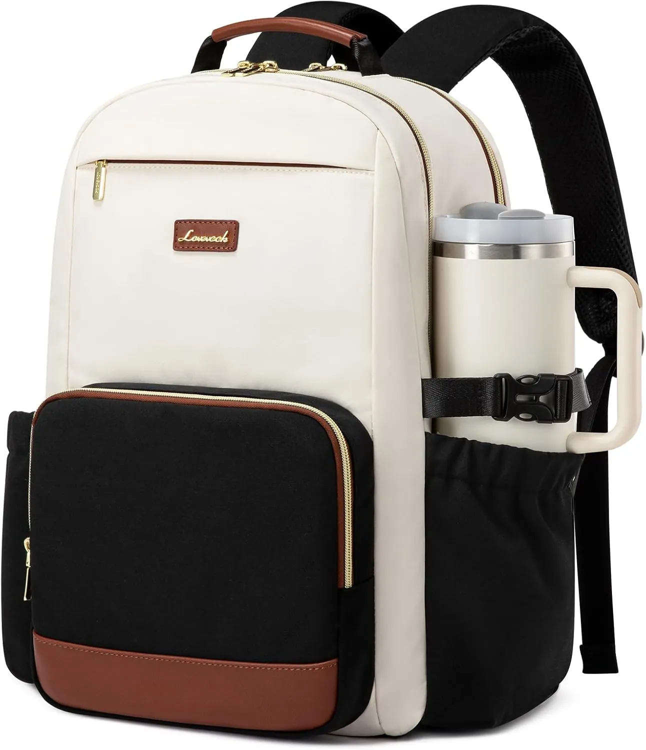LOVEVOOK Laptop Backpack for Women with Pouch Pocket for Large Capacity Cup,18 Inch Laptop Computer Bag Travel Backpack Purse,Waterproof Work Business Backpack College Teacher Bags,Beige-Black-Brown