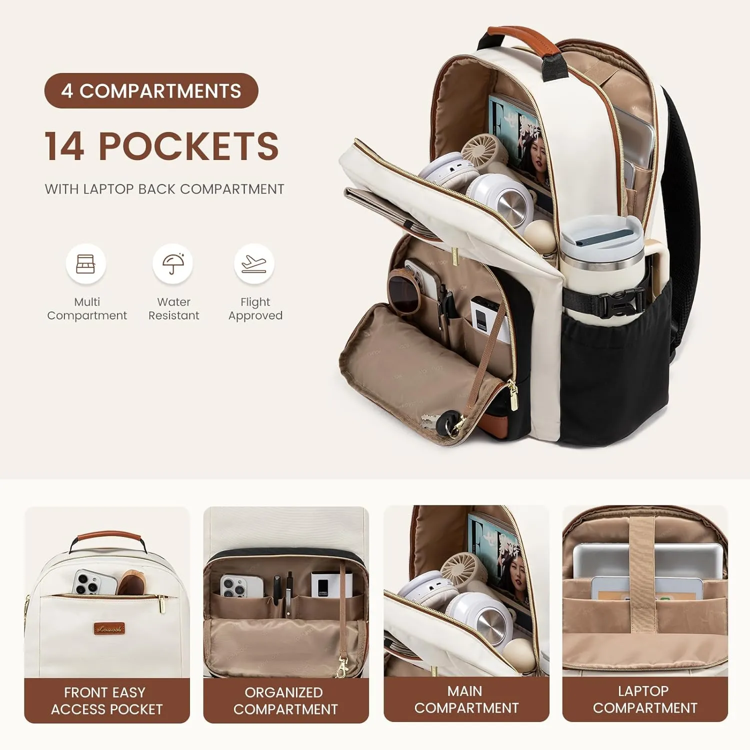 LOVEVOOK Laptop Backpack for Women with Pouch Pocket for Large Capacity Cup,18 Inch Laptop Computer Bag Travel Backpack Purse,Waterproof Work Business Backpack College Teacher Bags,Beige-Black-Brown