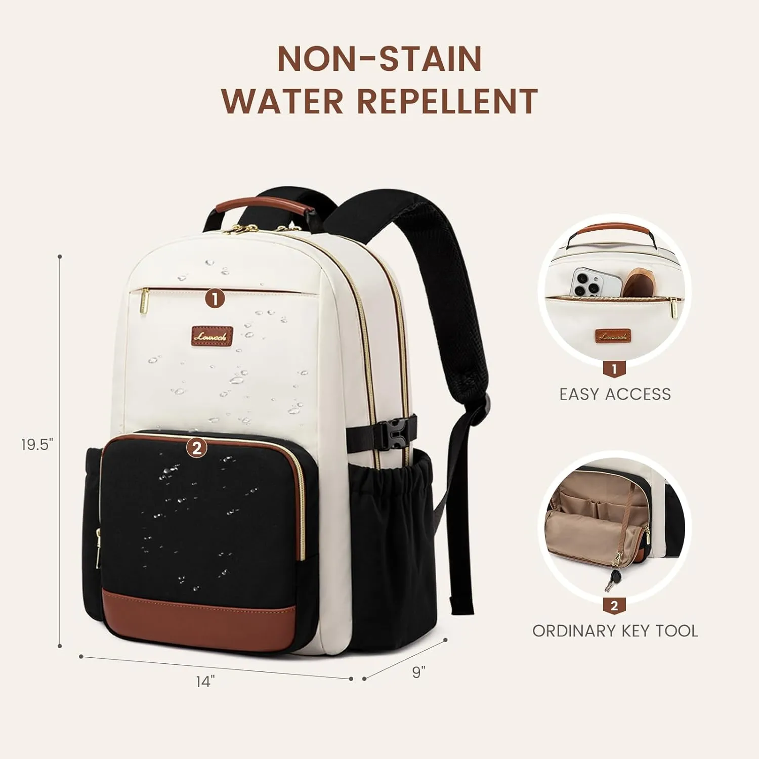 LOVEVOOK Laptop Backpack for Women with Pouch Pocket for Large Capacity Cup,18 Inch Laptop Computer Bag Travel Backpack Purse,Waterproof Work Business Backpack College Teacher Bags,Beige-Black-Brown