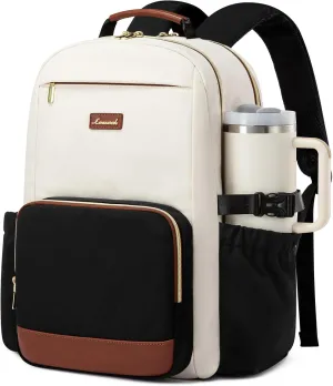 LOVEVOOK Laptop Backpack for Women with Pouch Pocket for Large Capacity Cup,18 Inch Laptop Computer Bag Travel Backpack Purse,Waterproof Work Business Backpack College Teacher Bags,Beige-Black-Brown