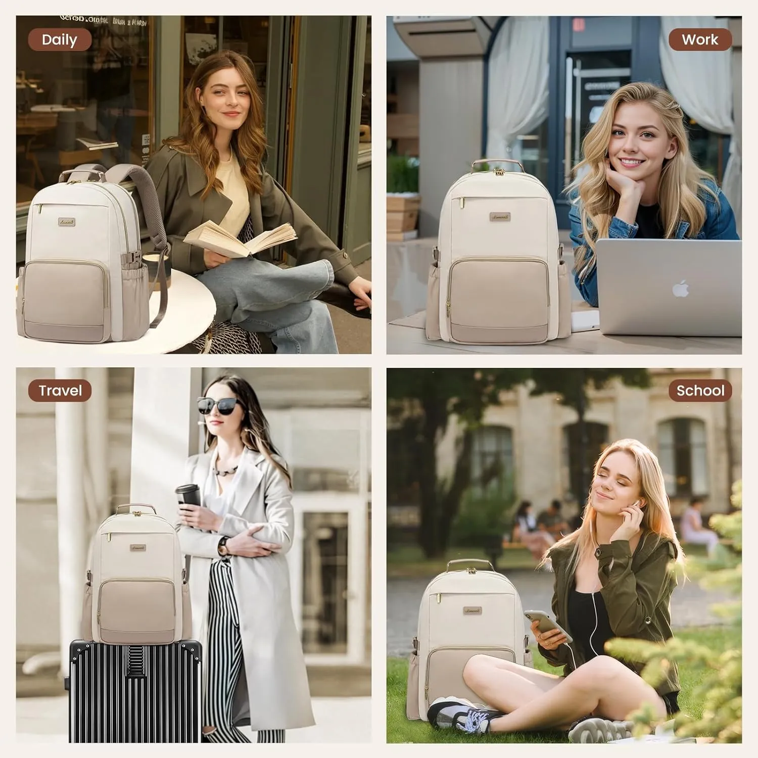 LOVEVOOK Laptop Backpack for Women with Pouch Pocket for Large Capacity Cup,18 Inch Laptop Computer Bag Travel Backpack Purse,Waterproof Work Business Backpack College Teacher Bags,Beige-Khaki