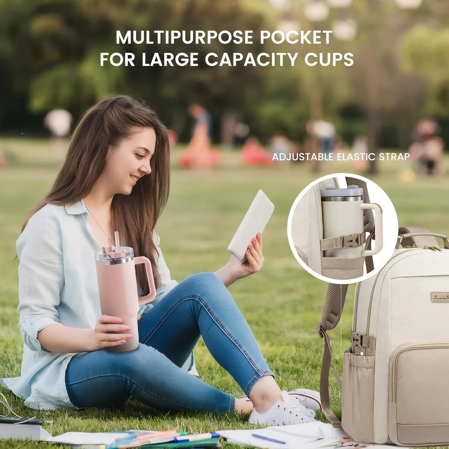LOVEVOOK Laptop Backpack for Women with Pouch Pocket for Large Capacity Cup,18 Inch Laptop Computer Bag Travel Backpack Purse,Waterproof Work Business Backpack College Teacher Bags,Beige-Khaki