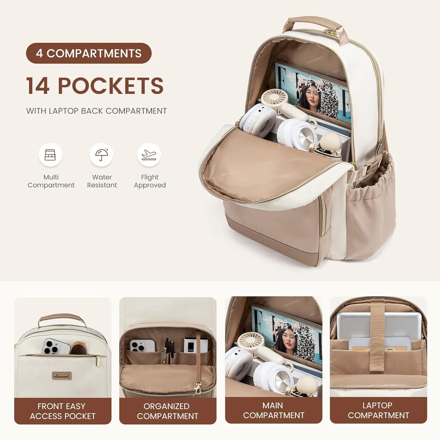 LOVEVOOK Laptop Backpack for Women with Pouch Pocket for Large Capacity Cup,18 Inch Laptop Computer Bag Travel Backpack Purse,Waterproof Work Business Backpack College Teacher Bags,Beige-Khaki