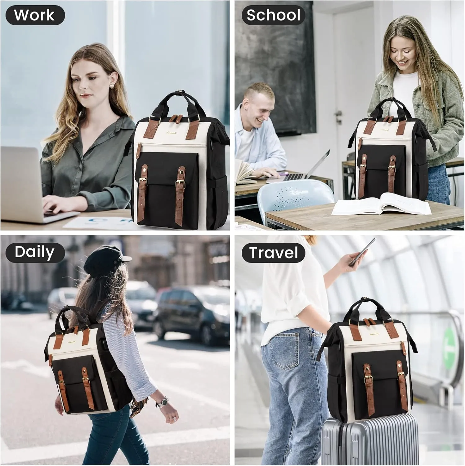 LOVEVOOK Laptop Backpack For Women Work Travel Backpack Purse, Nurse Bag College Backpack, Teacher Business Laptop Bag, Waterproof Wide Open Computer Back pack, 15.6 Inch, Black-Beige-Brown