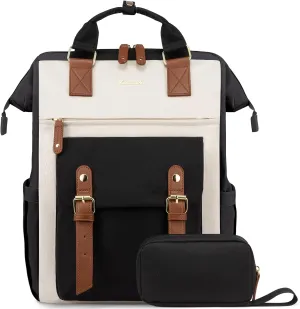 LOVEVOOK Laptop Backpack For Women Work Travel Backpack Purse, Nurse Bag College Backpack, Teacher Business Laptop Bag, Waterproof Wide Open Computer Back pack, 15.6 Inch, Black-Beige-Brown