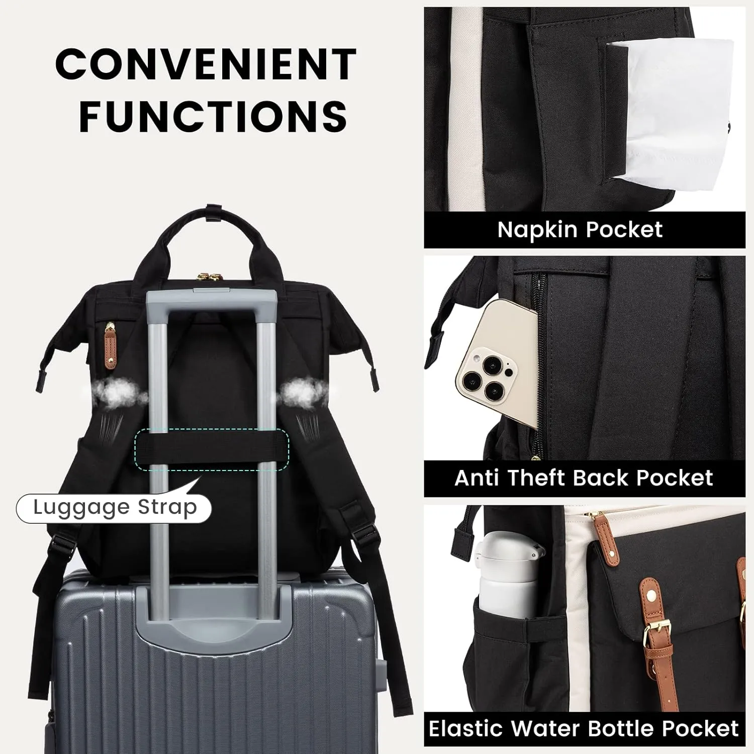 LOVEVOOK Laptop Backpack For Women Work Travel Backpack Purse, Nurse Bag College Backpack, Teacher Business Laptop Bag, Waterproof Wide Open Computer Back pack, 15.6 Inch, Black-Beige-Brown