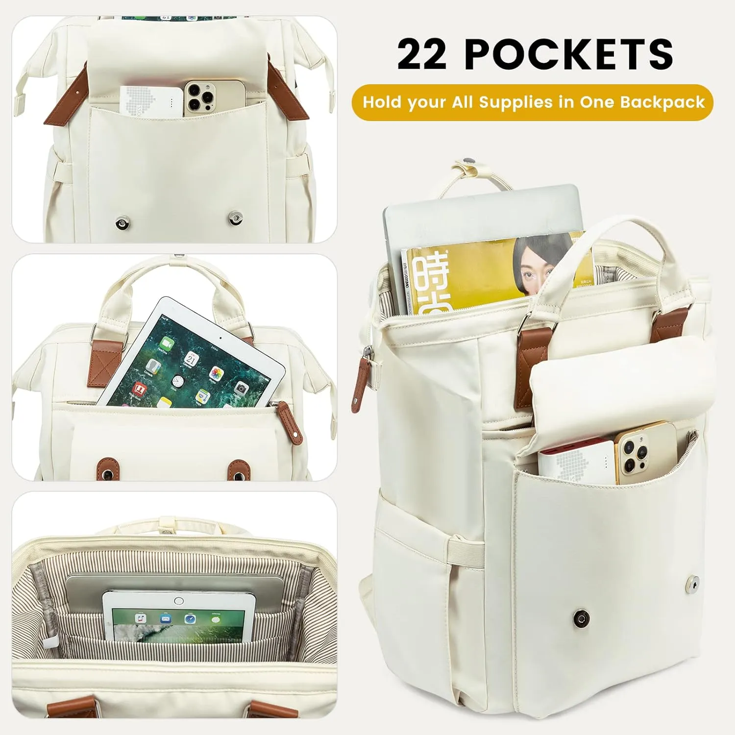 LOVEVOOK Laptop Backpack for Women Work Travel, Large Capacity Computer Backpack Purse, Nurse Bags Doctor Teacher Business Laptop Bag, Fashion College Backpack Casual Daypack, 17 Inch, Beige-brown