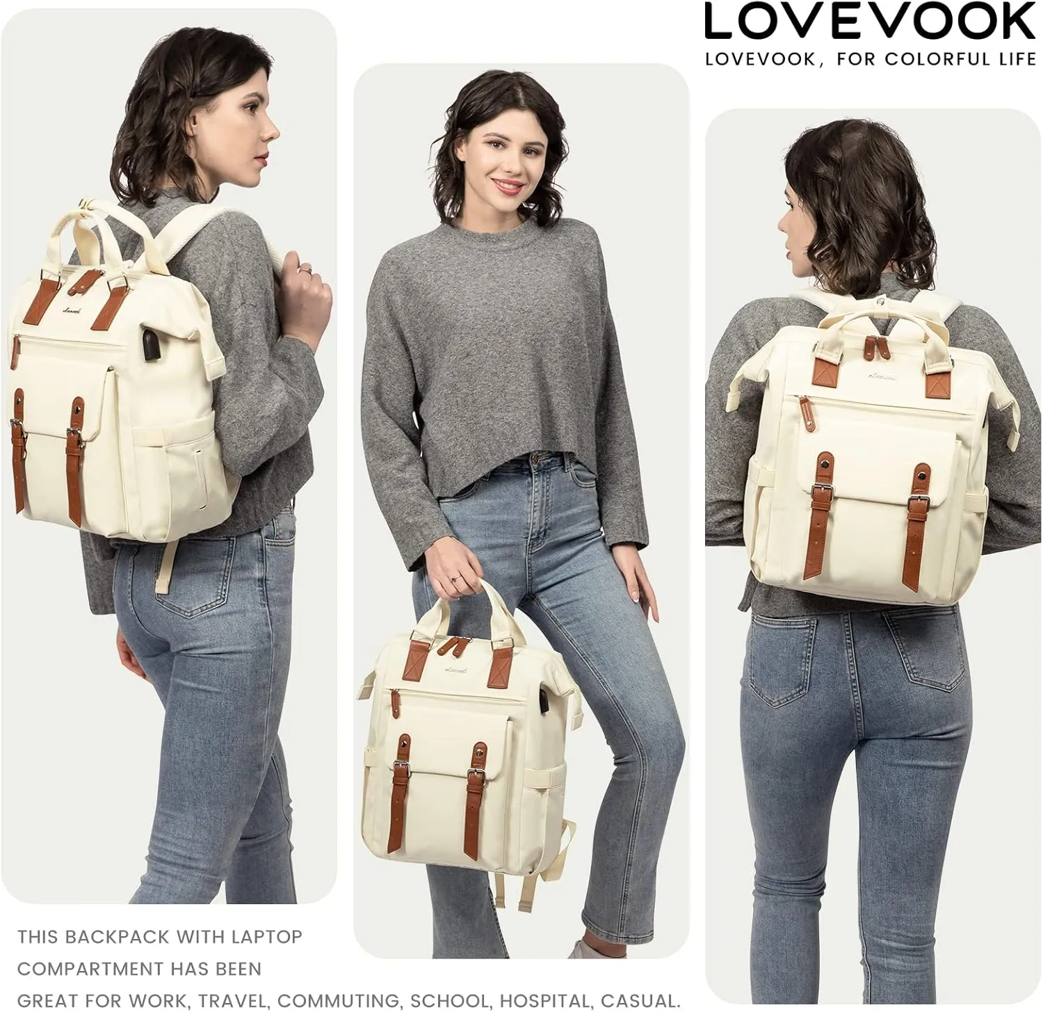 LOVEVOOK Laptop Backpack for Women Work Travel, Large Capacity Computer Backpack Purse, Nurse Bags Doctor Teacher Business Laptop Bag, Fashion College Backpack Casual Daypack, 17 Inch, Beige-brown