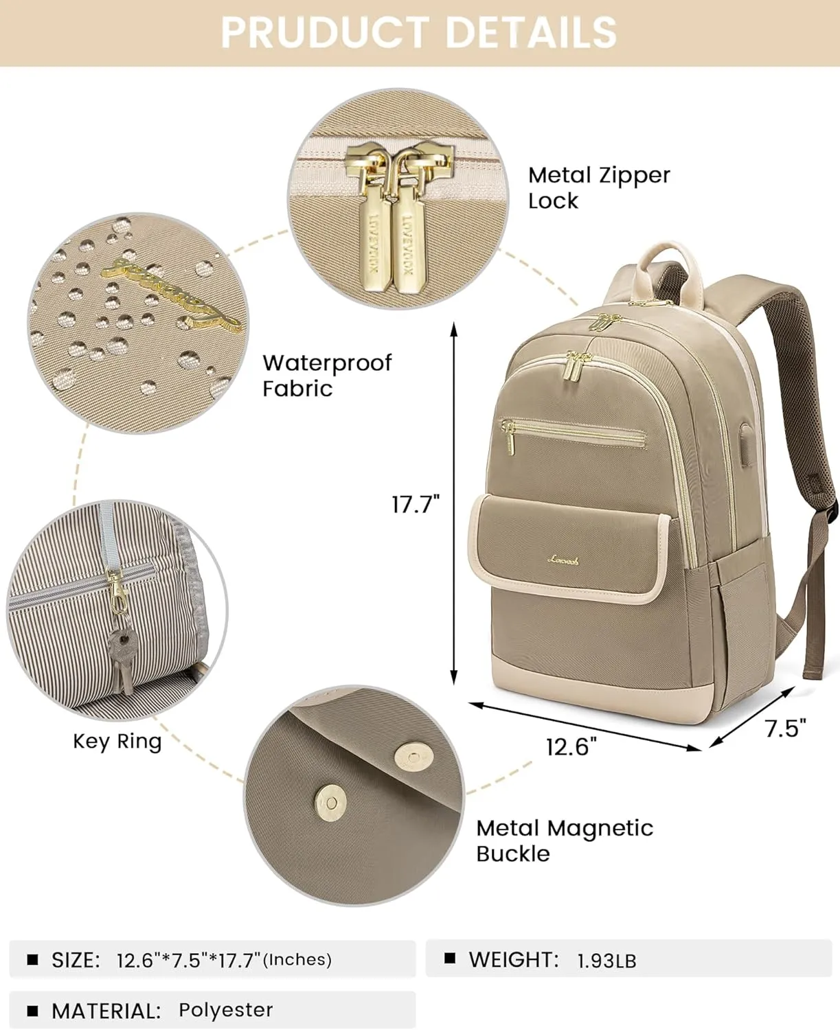 LOVEVOOK Laptop Backpack for Women,15.6 Inch Fashion Travel Backpack,Large Capacity Backpack Purse with USB,Water-resistant fits College Work Business Travel （Beige & Brown）