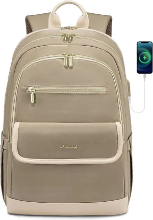 LOVEVOOK Laptop Backpack for Women,15.6 Inch Fashion Travel Backpack,Large Capacity Backpack Purse with USB,Water-resistant fits College Work Business Travel （Beige & Brown）