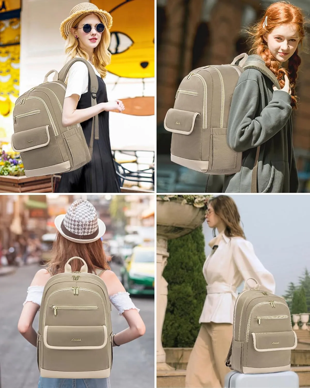 LOVEVOOK Laptop Backpack for Women,15.6 Inch Fashion Travel Backpack,Large Capacity Backpack Purse with USB,Water-resistant fits College Work Business Travel （Beige & Brown）