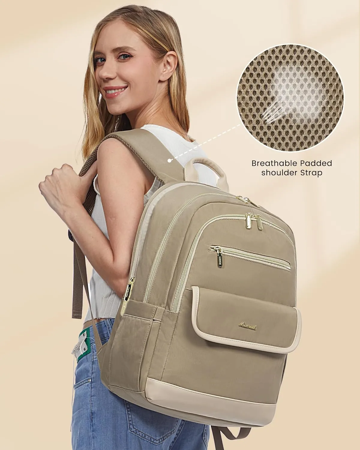 LOVEVOOK Laptop Backpack for Women,15.6 Inch Fashion Travel Backpack,Large Capacity Backpack Purse with USB,Water-resistant fits College Work Business Travel （Beige & Brown）