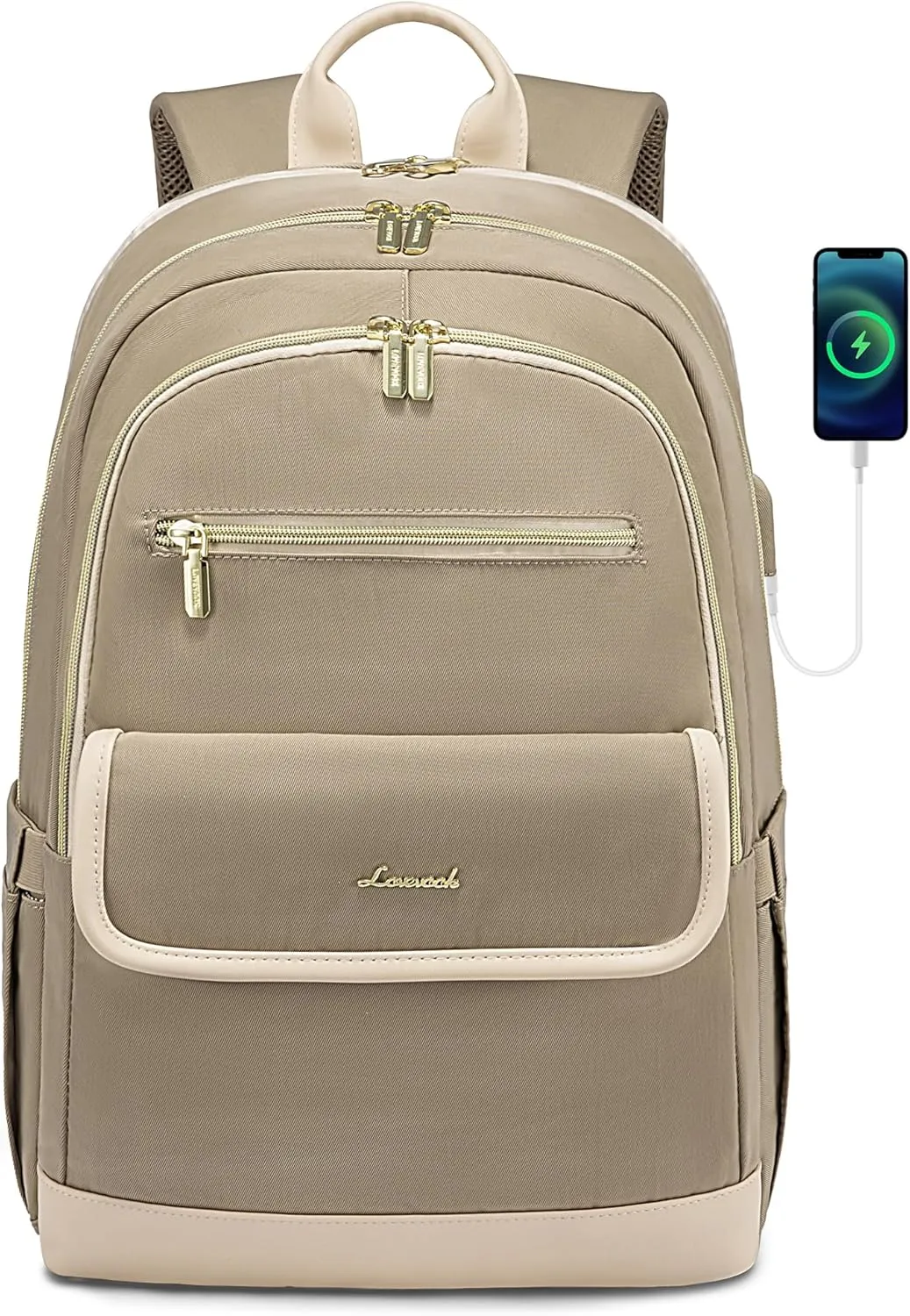 LOVEVOOK Laptop Backpack for Women,15.6 Inch Fashion Travel Backpack,Large Capacity Backpack Purse with USB,Water-resistant fits College Work Business Travel （Beige & Brown）