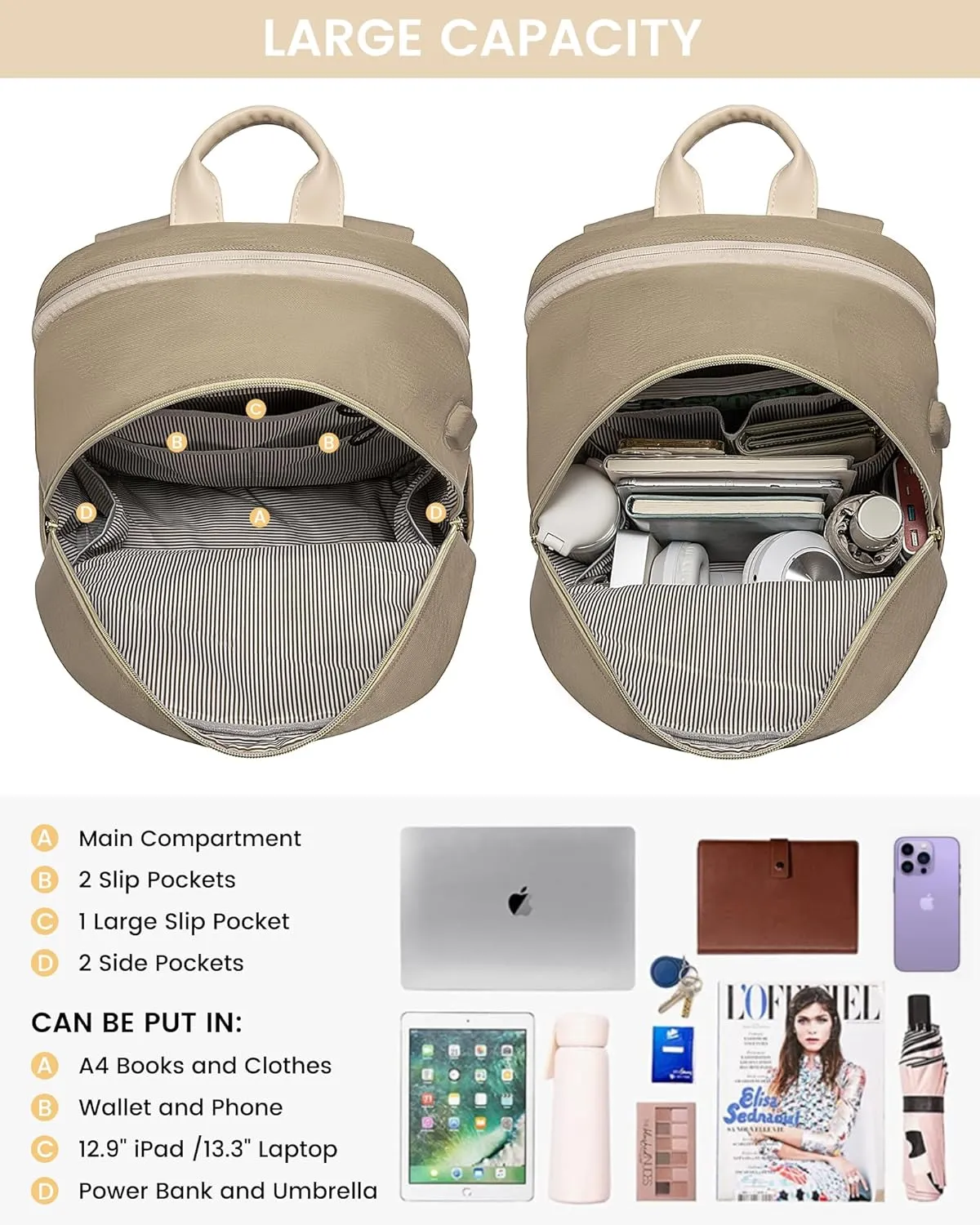 LOVEVOOK Laptop Backpack for Women,15.6 Inch Fashion Travel Backpack,Large Capacity Backpack Purse with USB,Water-resistant fits College Work Business Travel （Beige & Brown）