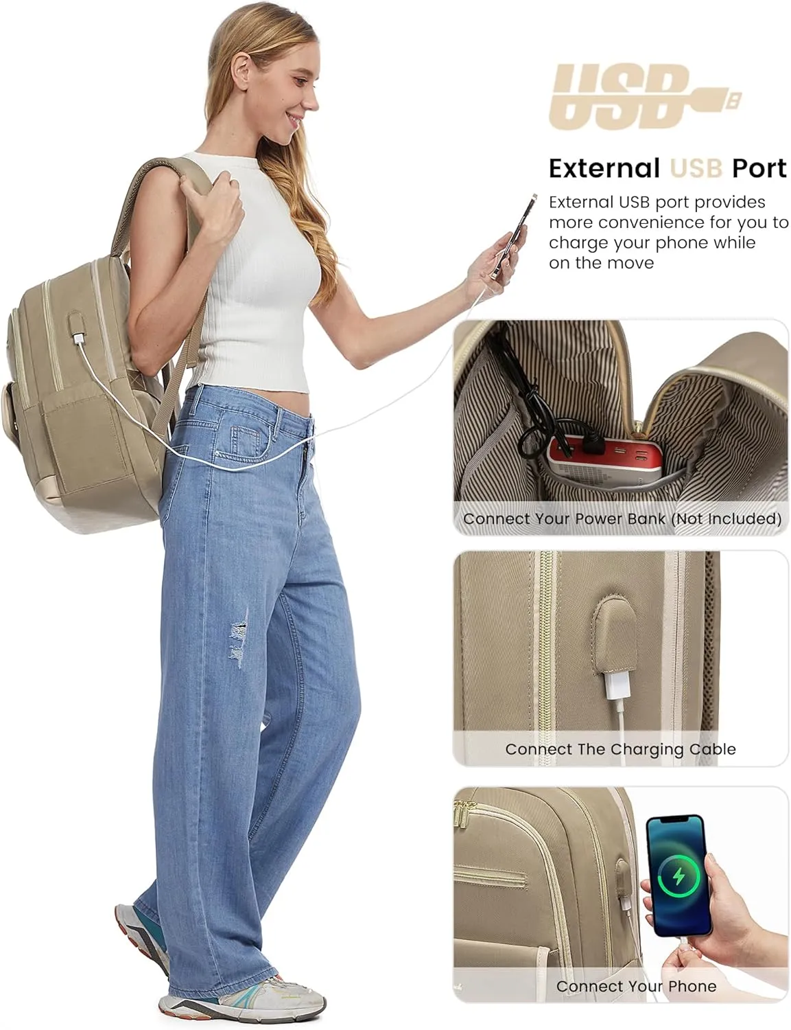 LOVEVOOK Laptop Backpack for Women,15.6 Inch Fashion Travel Backpack,Large Capacity Backpack Purse with USB,Water-resistant fits College Work Business Travel （Beige & Brown）