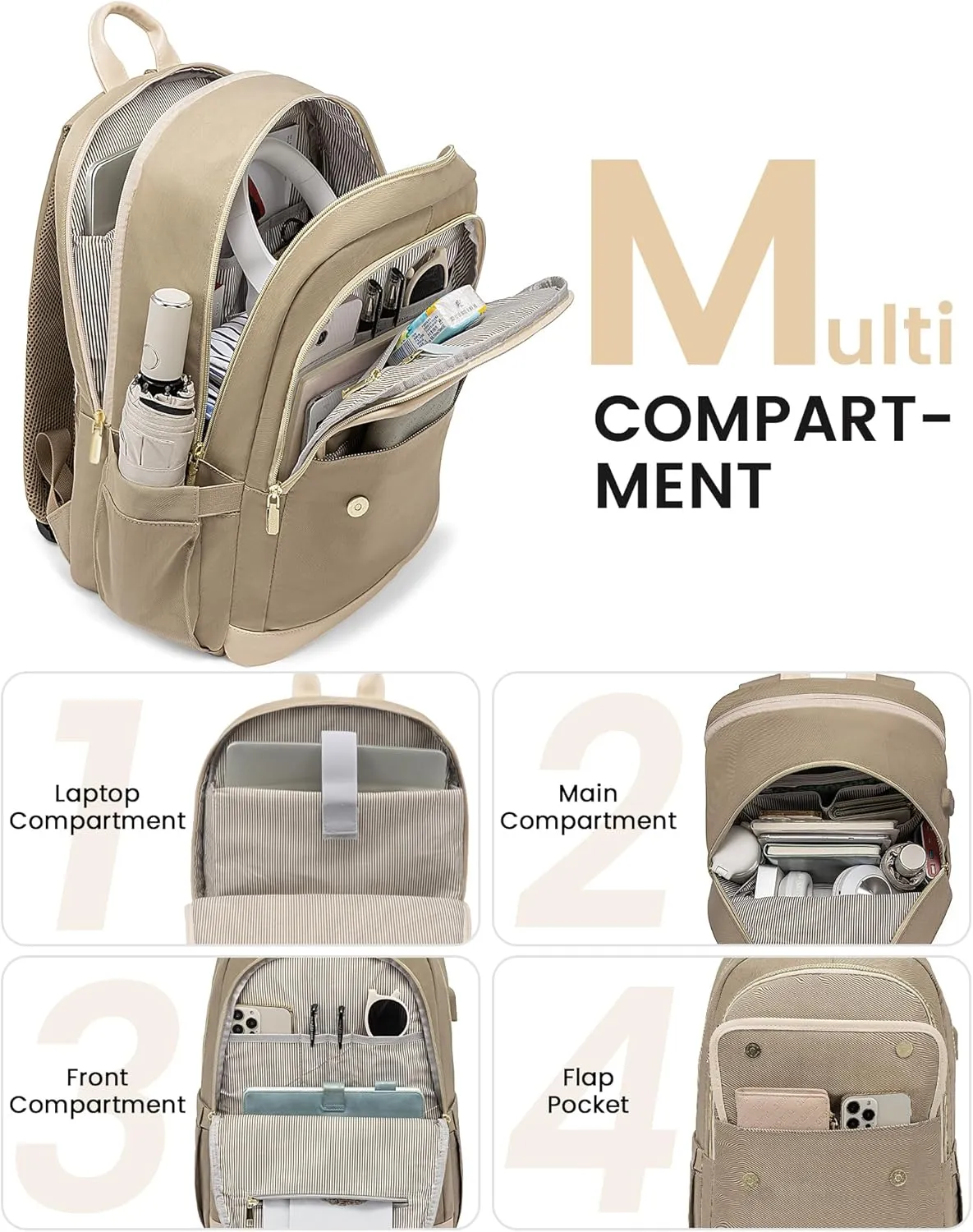 LOVEVOOK Laptop Backpack for Women,15.6 Inch Fashion Travel Backpack,Large Capacity Backpack Purse with USB,Water-resistant fits College Work Business Travel （Beige & Brown）