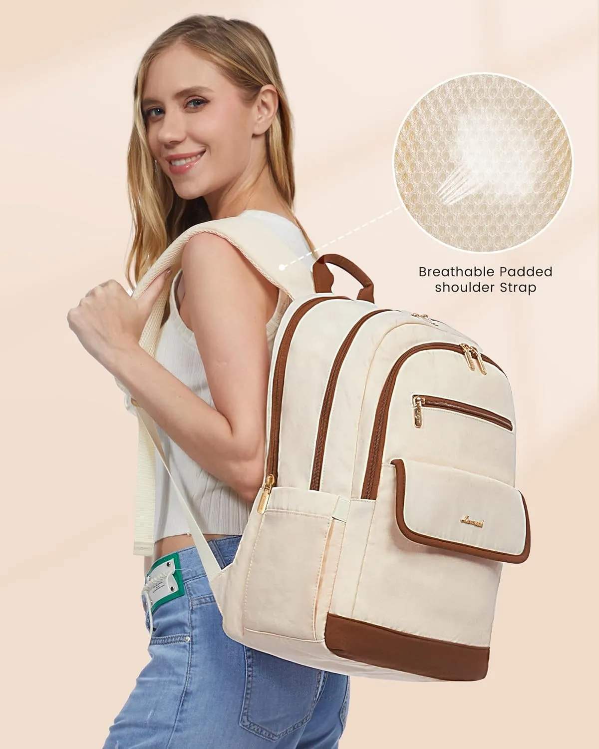 LOVEVOOK Laptop Backpack for Women,15.6 Inch Fashion Travel Backpack,Large Capacity Backpack Purse with USB,Water-resistant fits College Work Business Travel （Beige）