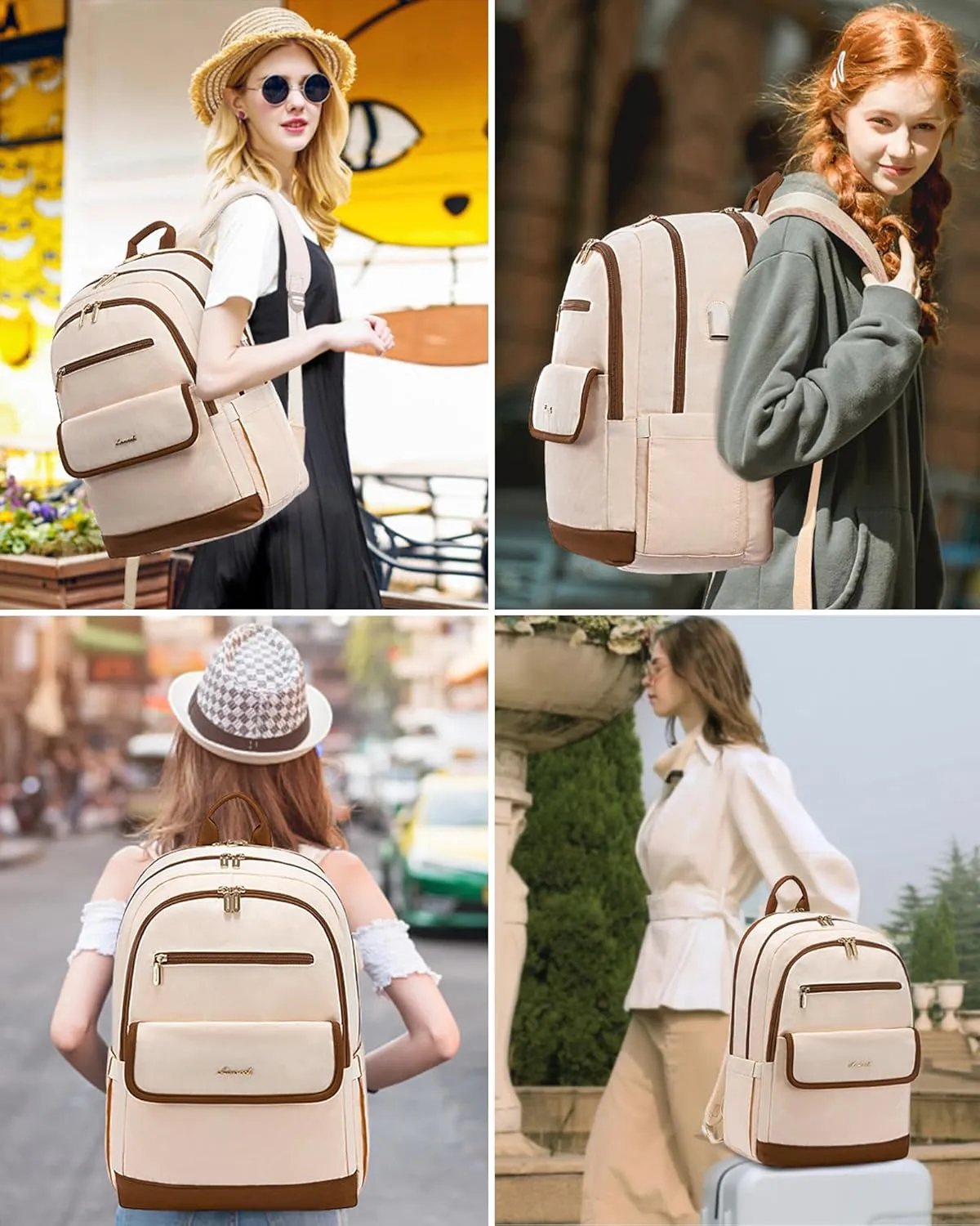 LOVEVOOK Laptop Backpack for Women,15.6 Inch Fashion Travel Backpack,Large Capacity Backpack Purse with USB,Water-resistant fits College Work Business Travel （Beige）