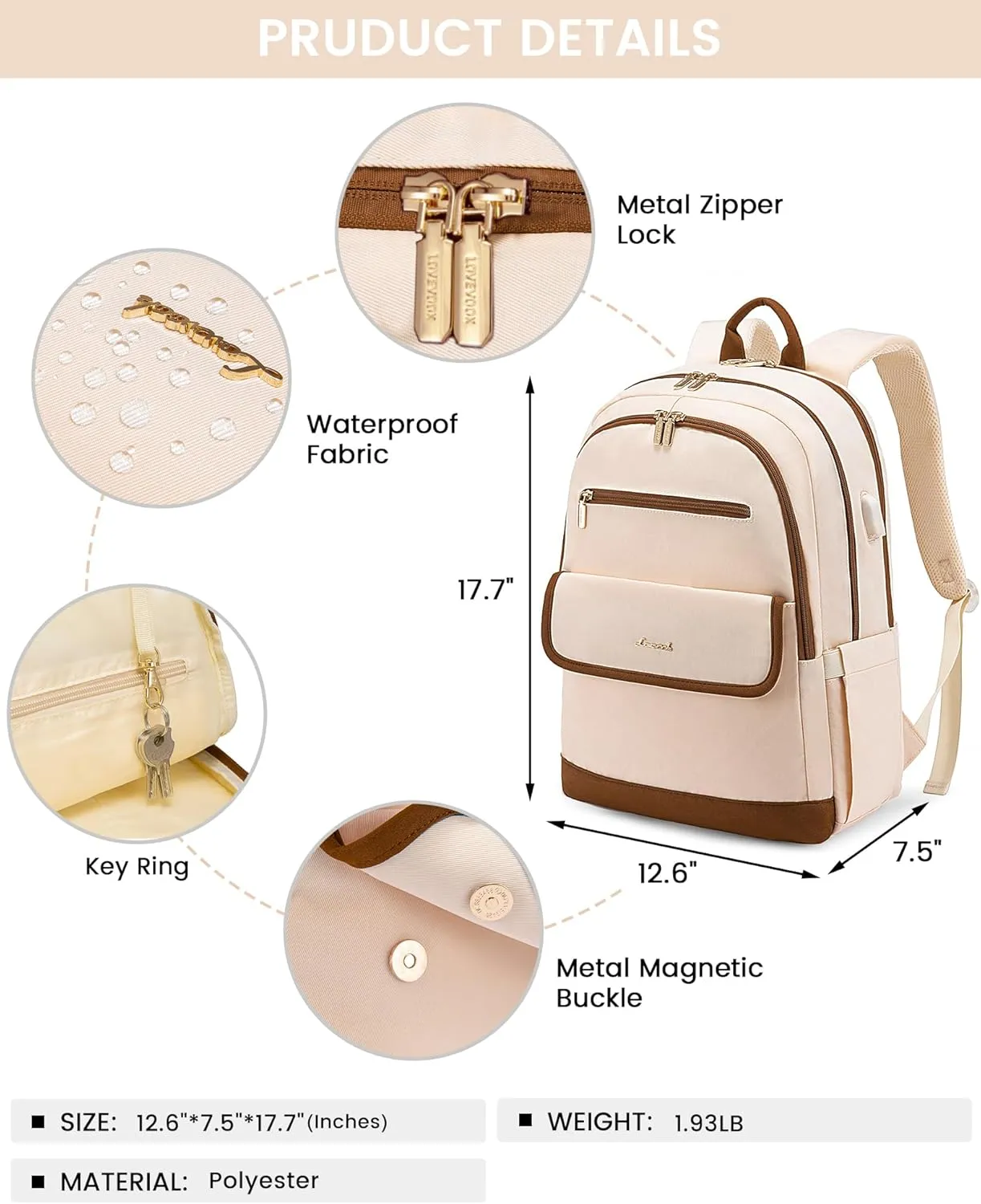 LOVEVOOK Laptop Backpack for Women,15.6 Inch Fashion Travel Backpack,Large Capacity Backpack Purse with USB,Water-resistant fits College Work Business Travel （Beige）
