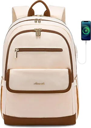 LOVEVOOK Laptop Backpack for Women,15.6 Inch Fashion Travel Backpack,Large Capacity Backpack Purse with USB,Water-resistant fits College Work Business Travel （Beige）